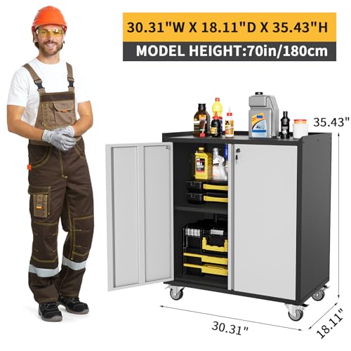 36" Garage Storage Cabinet with Wheels ＆ Locking Doors, Rolling Tool Cabinet with Adjustable Shelf,Rust-Resistant Steel Utility Cabinet for Home Office Workshop Organization