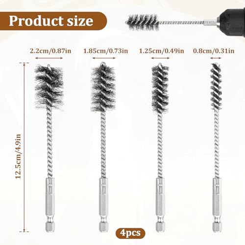 4 Pcs Stainless Steel Wire Brushes for Drill Stainless Steel Bore Brush Set 3/8'' 1/2'' 3/4'' 7/8'' Bristles Wire Brush with Hex Shank Handle for Drill Ports Tubes Bearings Cleaning Parts
