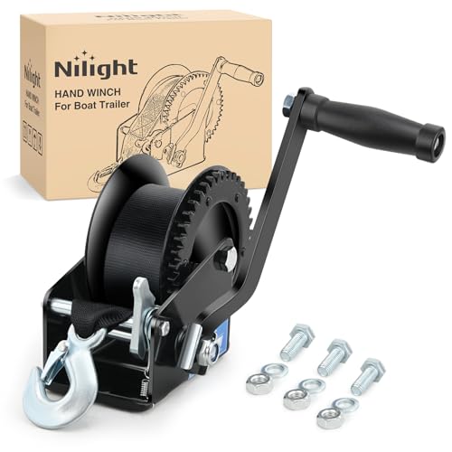 Nilight Boat Trailer Winch 1200 Lbs Hand Crank Winch Heavy Duty Boat Winches with 23Ft Strap Rope Hook 2-Way Ratchet 4:1 Gear Portable Marine Manual Winch for Trailers Boats RV ATV Jet Ski Towing - color: Black, size: 1200 lbs