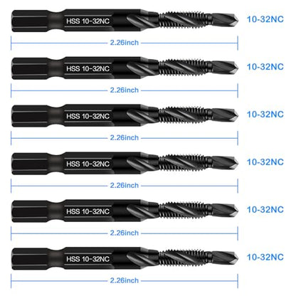 6-Piece 10-32NC Combination Drill Tap Countersink Bit Set SAE, Made of High-Speed Steel with Anti-Rust Blackened Coating, Ideal for Soft Metal, Wood & Plastic, 10-32NC Thread Size, 1/4” Hex Shank - size: 10-32NC