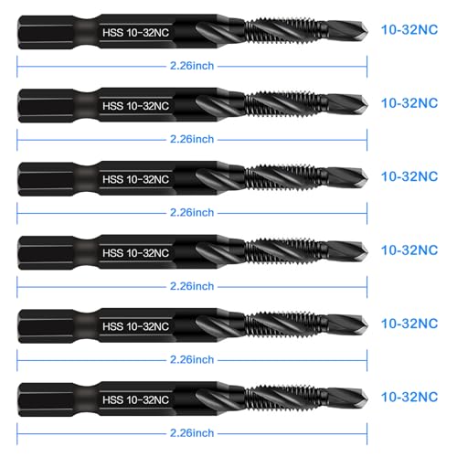 6-Piece 10-32NC Combination Drill Tap Countersink Bit Set SAE, Made of High-Speed Steel with Anti-Rust Blackened Coating, Ideal for Soft Metal, Wood & Plastic, 10-32NC Thread Size, 1/4” Hex Shank - size: 10-32NC