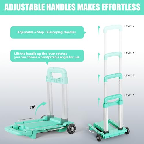 Mini Small Folding Hand Truck Dolly with 2 Tank Wheels, Expandable Base Plate Utility Luggage Cart with 1 Elastic Ropes, Portable Dolly Cart for School Travel Office Moving - color: Blue