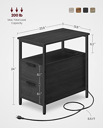 VASAGLE Side End Table with Charging Station, Slim Nightstand with Storage - color: Charcoal Gray + Ink Black, size: 23.6"D x 13.8"W