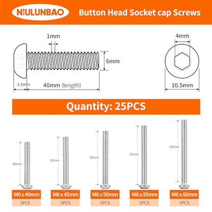 M6 x 40mm 45mm 50mm 55mm 60mm Button Head Socket Cap Screws Bolts 304 Stainless Steel Metric Allen Hex Drive, Machine Fully Threaded, Assortment Kit 25PCS - size: M6 x 40/45/50/55/60mm (25PCS)