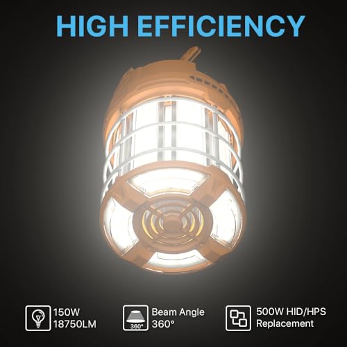 HYPERLITE LED Temporary Work Light 150W 18750LM 500W HID/HPS 5000K, Portable Hanging Construction Light with Stainless Steel Safety Guard and Sturdy Hook for Job Site, Workshop(with an ON/Off Switch)