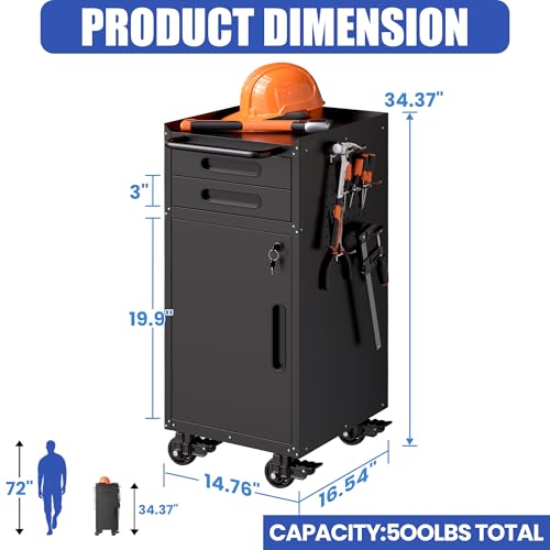 Metal Mobile Tool Storage Cabinet with 1 Locking Door and 2 Drawer - color: Black, style: 2 drawers 1 door with wheels
