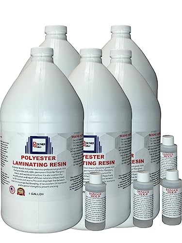 Polymer World- Premium Grade Polyester Resin 5 Gallon Kit with MEKP for Boats, Cars, Surfboard, RV, Pools,Canoes, Jetskis, Watercrafts (1, 5 Gallons) - size: 5 Gallons
