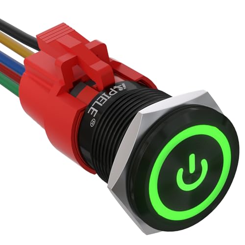 APIELE 19mm Latching Push Button Switch 3/4" 12V DC Black Shell Power Symbol LED with Socket Plug 1NO1NC SPDT ON/Off (Green/Black Shell) - color: Green/ Black Shell