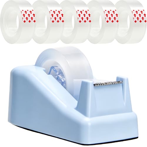 Tape Dispenser Desk,Desktop Tape Dispenser, Tape Dispenser with Weighted Non-Skid Base, Includes 6 Rolls Transparent Tape (0.71" x 1000"),Heavy Duty Tape Holder for Office, Home, School(Blue) - color: Blue