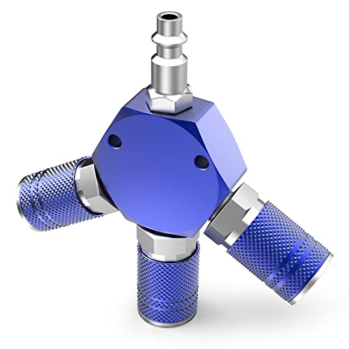 GASHER Blue 3-Way 1/4 Inch NPT Aluminum Hex Style Air Manifold with 3 Pieces Steel Industrial Coupler and Plug, Air Compressor Hose Accessories Quick Connect Fittings Air Splitter - style: BLUE 1PCS