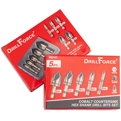 Cobalt Countersink Drill Bits Set(5PCS), M35 HSSCO 82 Degree 5 Flutes,1/4 Inch Quick Change Hex Shank for Stainless Steel, Metal, Wood, Carbon Steel 1/4'' 3/8'' 1/2'' 5/8'' 3/4''