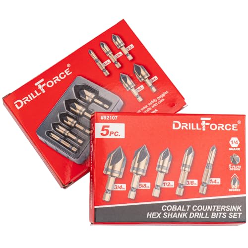 Cobalt Countersink Drill Bits Set(5PCS), M35 HSSCO 82 Degree 5 Flutes,1/4 Inch Quick Change Hex Shank for Stainless Steel, Metal, Wood, Carbon Steel 1/4'' 3/8'' 1/2'' 5/8'' 3/4''
