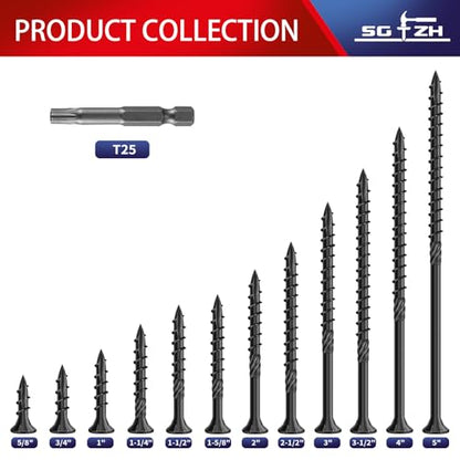 #8 x 1-1/4" Deck Screws (398Pcs) 2lb. Carbon Steel, Black, Flat Head, Rust Resistant epoxy Coated, with T25 Star Bit - color: Black, size: #8 x 1-1/4"