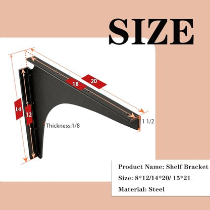 Heavy Duty Shelf Brackets - 1000 LBS Load Capacity, Industrial Steel Mounting Brackets for Shelves, Vanities, Countertops, Desks (4, Black, 20"x14") - size: 20"x14"