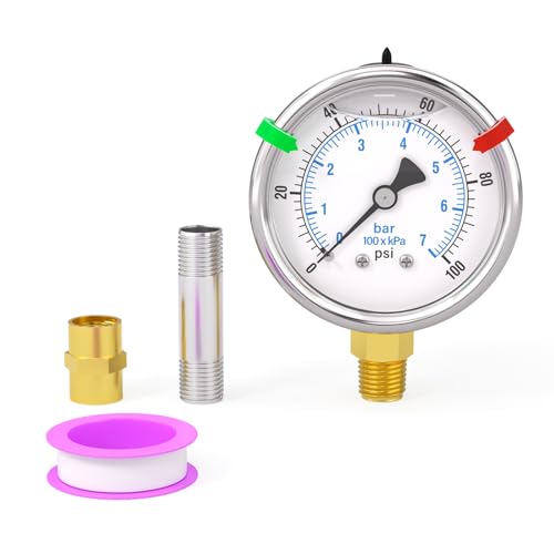 0-100PSI Heater Heavy Liquid Filled Pressure Gauge Kit, 2.5" Stainless Steel Dial Size, 1/4" NPT Lower Mount, for Low Pressure Portable Oil Fired Heaters (with Range Mark Pointer) - size: 0-100PSI