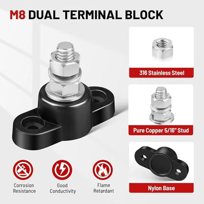 RED WOLF 12V 150A Power Distribution Block 5/16" Single Stud Busbar M8 Terminal Bus Bar 12 Volt DC Battery Junction Post for Auto Boat Marine Solar System Positive and Negative (2PC) (Pack of 2) - size: Single M8 Stud (Pack of 2)