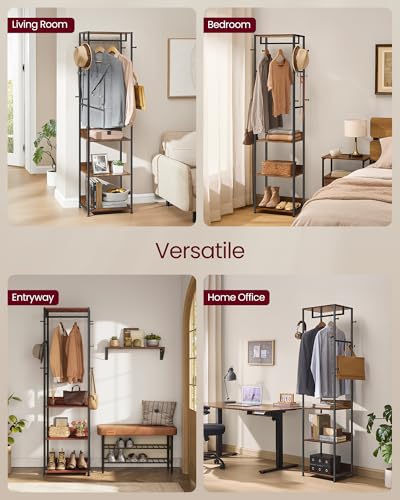 VASAGLE Freestanding Coat Rack, Hall Tree with Shelves, Steel Frame - color: Ink Black + Rustic Brown, style: Industrial
