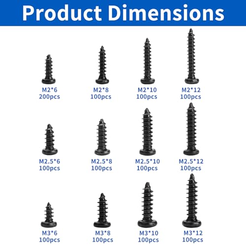 1300 Pcs Black Wood Screws Kit - M2 M2.5 M3 Pan Head Self-Tapping - color: black-Pan Tou