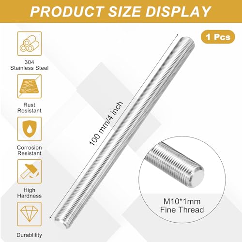 uxcell Fully Threaded Rod M10 x 1mm Pitch 100mm/4 Inch Threaded - size: M10x1mmx100mm