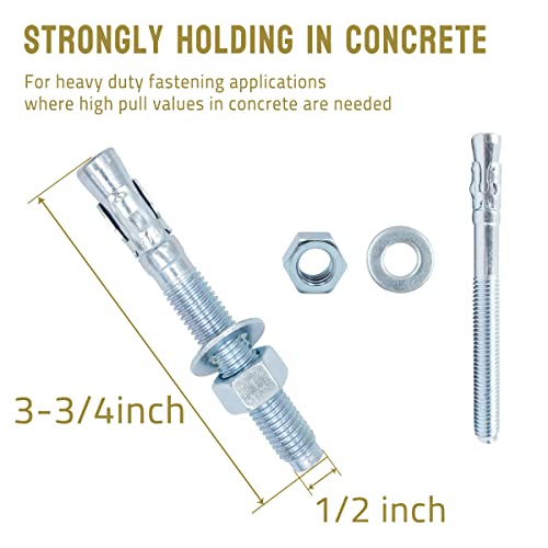 1/2 Concrete Anchors, Zinc-Plated Steel Wedge Anchors, 4 Pack - size: 1/2" x 3-3/4"