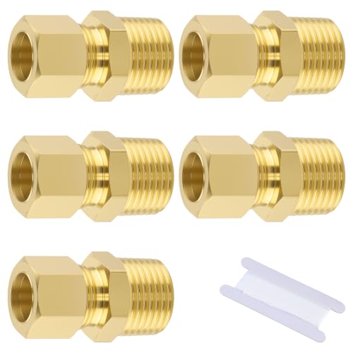 1/2" OD x 1/2" NPT Male Brass Compression Union Fitting, 5 Pack Straight Tube Coupling Adapter with 1M PTFE Teflon Tape for Air Water Plumbing Systems - size: 5Pcs-1/2" OD x 1/2" NPT