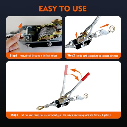 Come Along Winch 4400 lbs/2T Pulling Capacity, 6.6 ft Steel Cable,2 Hooks - size: 4400 lbs
