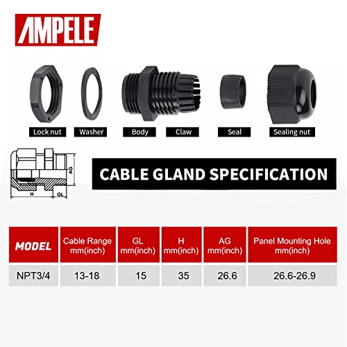 20 Pack 3/4'' NPT Cable Gland Waterproof Adjustable 13-18mm/0.51-0.71inches Nylon Cable Glands Joints With Gaskets (3/4", 20 Pack) - size: 3/4'' (20-Pack)
