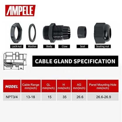 20 Pack 3/4'' NPT Cable Gland Waterproof Adjustable 13-18mm/0.51-0.71inches Nylon Cable Glands Joints With Gaskets (3/4", 20 Pack) - size: 3/4'' (20-Pack)