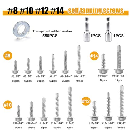 weideer 1000pcs Self Tapping Screws for Metal, #8#10#12#14,410 Stainless Steel Sheet Metal Screws Assortment Kit, Hex Washer Head Self Drilling Screw with Rubber Washer,Length 1/2" to 2'' - size: SV 1000PCS #8#10#12#14 Kit