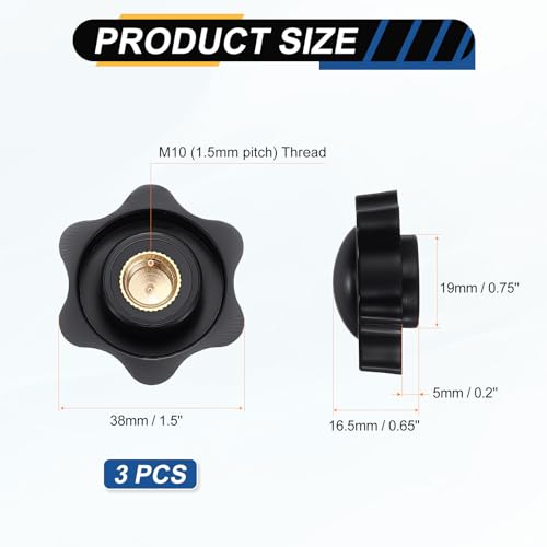 HARFINGTON Star Knob M10 Female Thread 38mm Head Brass Insert Black 3pcs - color: Black, size: M10 x 38mm