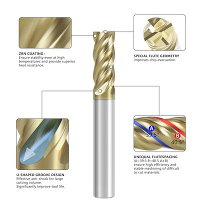 3/16" Carbide Square End Mill Unequal Helix Design for Steel - size: 3/16 in