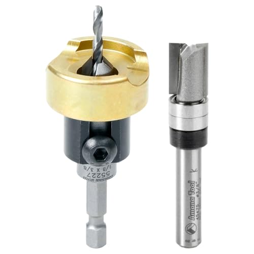 Amana Tool 55227 82 Degree Countersink Drill with Depth Stop and 45475-S Flush Trim Plunge Template Router Bit with 2 Upper Ball Bearings, 2-Piece Set