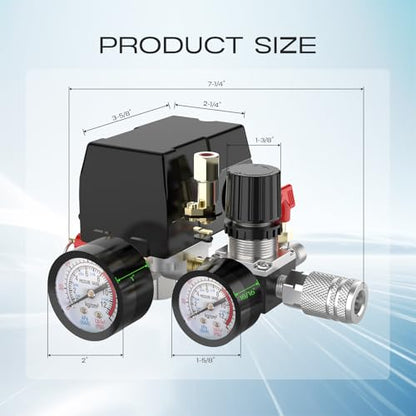 Air Compressor Pressure Switch Control Valve, cnaodun 90-120 PSI Air Compressor Switch Equips Four-Port Pressure Regulator Gauge 1/4 NPT Thread - style: 4-port 90-120PSI with Control Valve