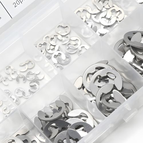 200Pcs E Clip Retaining Rings Assortment Set 304 Stainless Steel M1.5-M10 E Clip Assortment Kit for External Retaining Rings Washer Bearings, Gears, Pulleys, Axles, with Storage Boxes