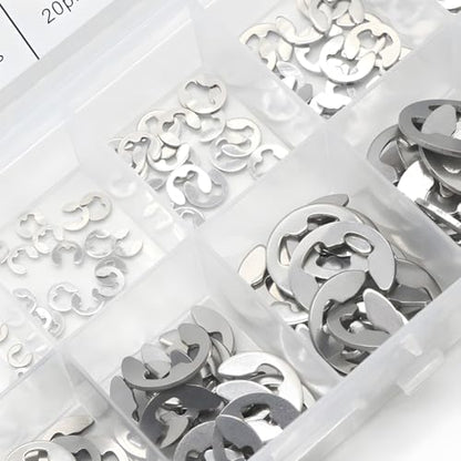 200Pcs E Clip Retaining Rings Assortment Set 304 Stainless Steel M1.5-M10 E Clip Assortment Kit for External Retaining Rings Washer Bearings, Gears, Pulleys, Axles, with Storage Boxes