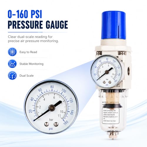 BLCH 1/4" NPT Air Compressor Regulator - Air Pressure Regulator, Air Dryer AW2000-02 Manual Drain Poly Bowl Gauge 0-160 PSI 5μm Brass - size: AW2000-02