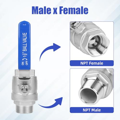 YADIAN 2 Pack 1-1/2'' Ball Valve Full Port NPT Male x Female, 304 Stainless Steel Heavy Duty Shut Off Valve with Blue Vinyl Insulation Handle and Locking Device for Water, Oil, and Gas, 1000WOG - size: 1-1/2''