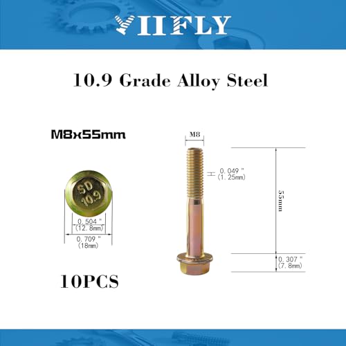 M8 x 55mm Flanged Hex Head Bolts, M8x1.25 Pitch, Grade 10.9 Alloy Steel, Color Zinc Plated, Half Thread, 10 Pack - size: M8 x 55mm(10PCS)