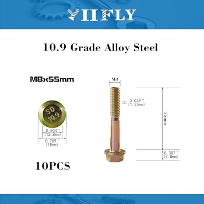 M8 x 55mm Flanged Hex Head Bolts, M8x1.25 Pitch, Grade 10.9 Alloy Steel, Color Zinc Plated, Half Thread, 10 Pack - size: M8 x 55mm(10PCS)