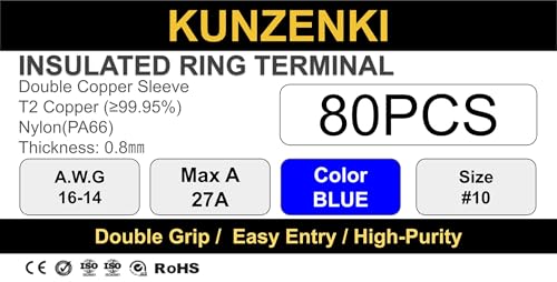 80pcs Nylon PA66 Insulated Ring Terminals, #10 (M5) Stud, 16-14 AWG Blue Crimp Connectors, T2 High Purity Copper with Double Copper Sleeve - color: BLUE(A.W.G16-14), size: #10(M5)