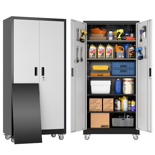Reemoon Metal Garage Storage Cabinet with Wheels, Black and Silver - color: Black-silver, size: 16"D x 32"W x 71"H