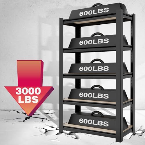WORKPRO 5-Tier Black Shelving with Board, 24.1”Wx16.2”Dx60”H, 3000LBS Load - color: Black, size: 24.1"W x 16.2"D x 60"H