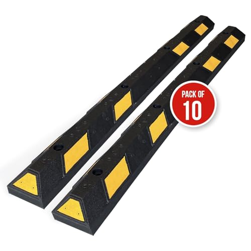 SmartSign Rubber Parking Curb, (Pack of 10) Heavy Duty Parking Stops with Yellow Reflective Stripe Chevrons, 72" Long (6ft), Wheel Stops for Parking Lots/Garage/Cars/Trucks, Pre-Drilled Holes - color: 2. Black/Yellow Pack of 10