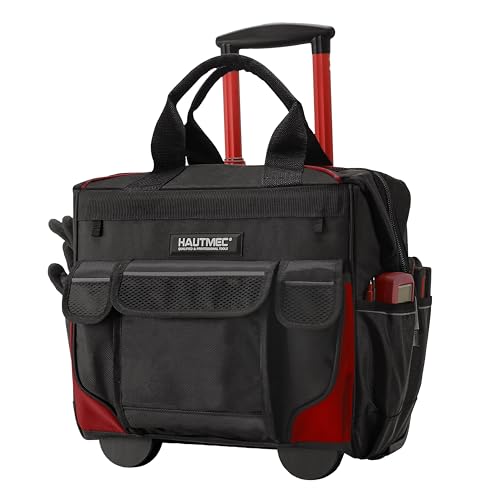 HAUTMEC Heavy-Duty Rolling Tool Bag with Wheels, 15" Wide-Mouth Tool Organizer with Telescoping Handle, 25 Pockets, Oversized Off-Road Wheels for Electricians, Plumbers & Contractors – HTTBM25005 - color: 15-Inch | Red