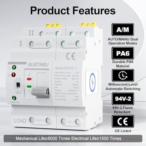 ATS Dual Power Automatic Transfer Switch, 4P 63A 220V Manual Switch - size: 4P