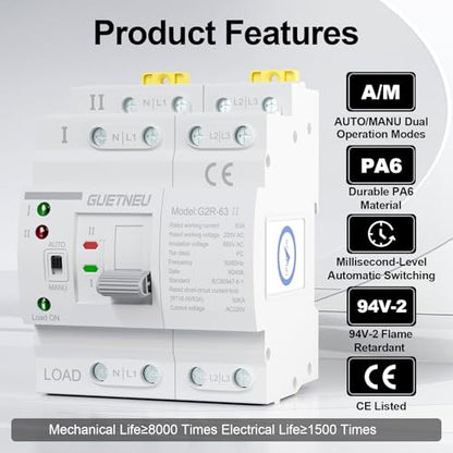 ATS Dual Power Automatic Transfer Switch, 4P 63A 220V Manual Switch - size: 4P