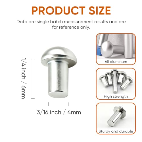 ALLCLEAN 5/32" Diameter X 1/4" Length Solid Aluminum Brazier Head Rivets,Aluminum Boat Rivets,Round/Dome Head Rivet,Pack of 250 - size: 5/32"x1/4"