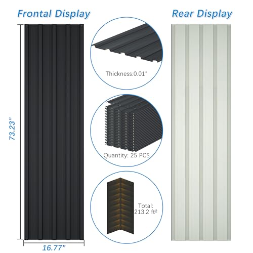 Metal Roof Panels 25 pcs 6.1ft Length Galvanized Steel Corrugated Tin Roofing Panels Gazebo Top Cover Garages,Sheds, Stables and Mobile Homes Replacement for Patio Outdoor Garden, Black - color: Black, size: 25 pcs/L73.23"