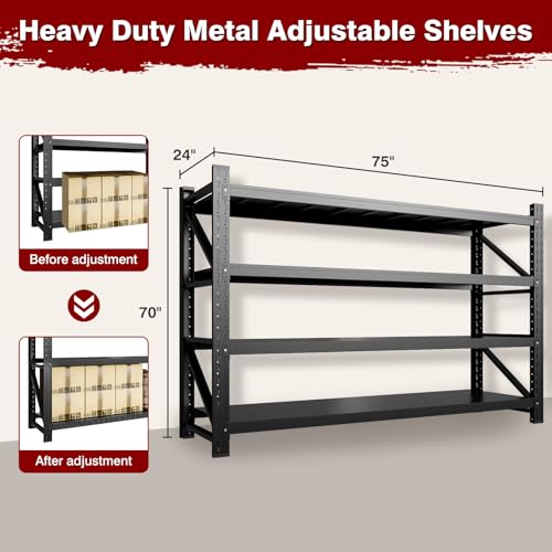 Fesbos 9000LBS Metal Steel Storage Shelves - 75" W Black 4 Tier Heavy Duty Rack Commercial Industrial Shelving with Adjustable Shelf for Basement Garage Warehouse - 75" W x 24" D x 70" H - size: 75" W x 24" D x 70" H