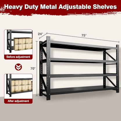 Fesbos 9000LBS Metal Steel Storage Shelves - 75" W Black 4 Tier Heavy Duty Rack Commercial Industrial Shelving with Adjustable Shelf for Basement Garage Warehouse - 75" W x 24" D x 70" H - size: 75" W x 24" D x 70" H